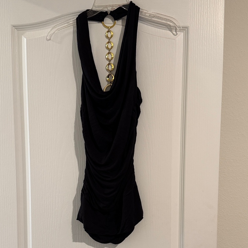 Black Drape-Front Camisole with Gold Chain Back